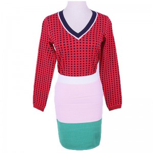 2018 Office dames meisjes geassorteerde kleur raster jacquard twinset sweaterjurk